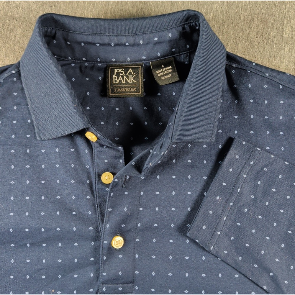 Jos A Bank Traveler Shirt Sz S Navy Geometric Diamond LS Polo Preppy Cotton EUC